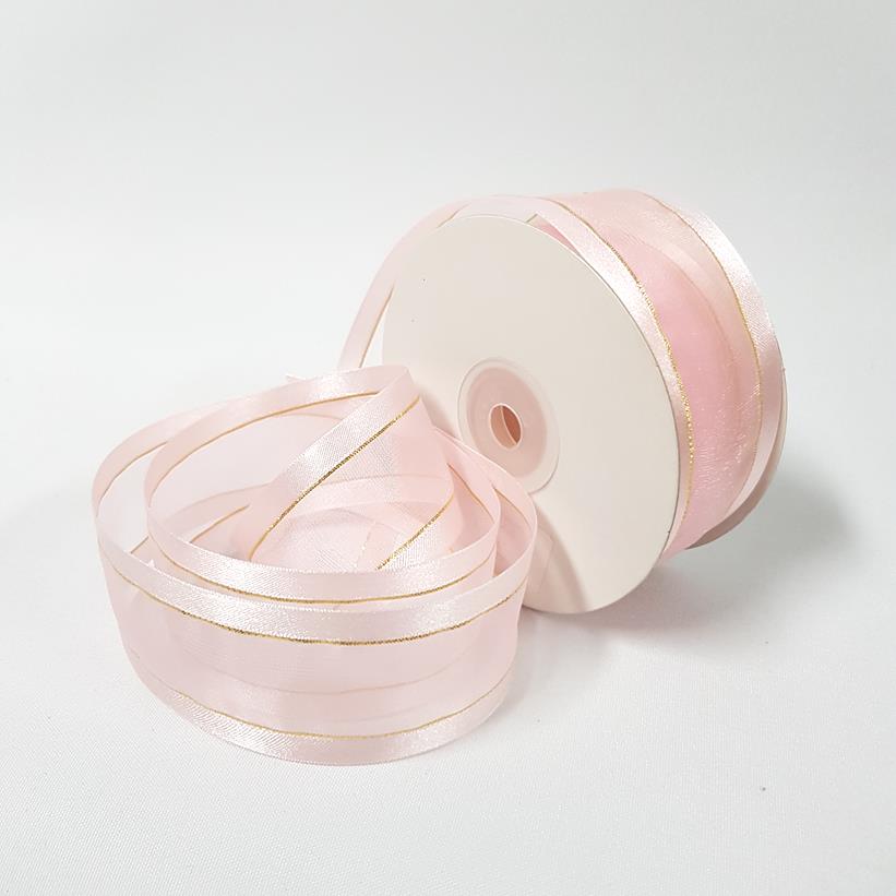 Organza Satin Edge Ribbon Gold Thread 38mm Pink - Desflora