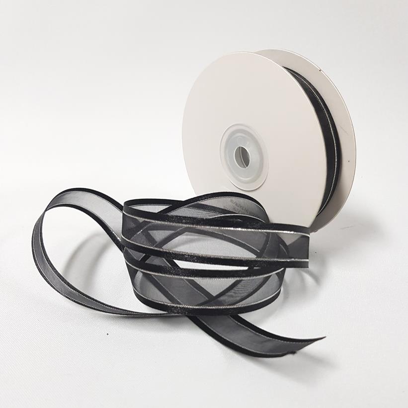 Organza Satin Edge Ribbon silver Thread 15mm Black